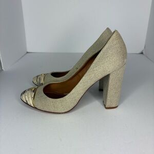 Tory Burch Ethel Linen Cap Toe natural/gold pumps size 7